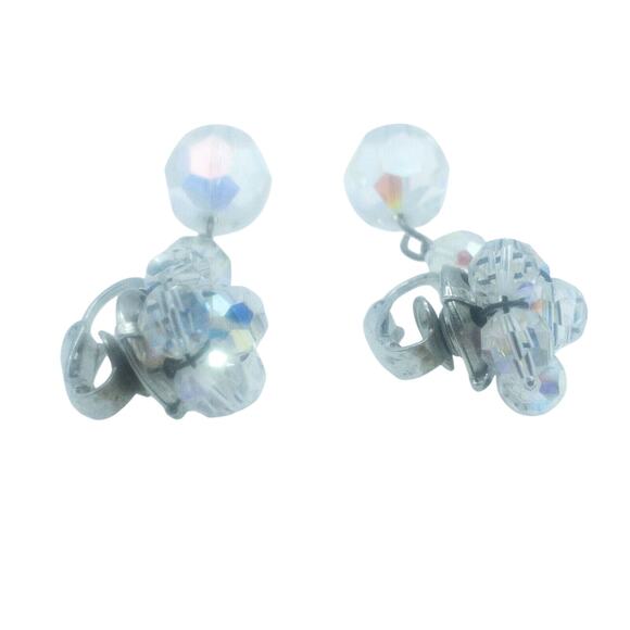 Vintage Aurora Borealis Clear Beaded Dangle Clip-On Earrings Faceted 1.75" - Picture 10 of 12